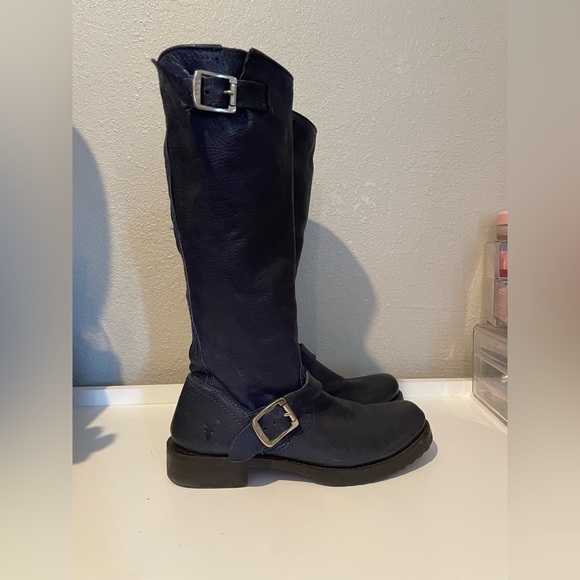Vintage Frye Veronica Slouch Blue Leather Mid-Calf Harness Boots Size 7.5B - Picture 4 of 11